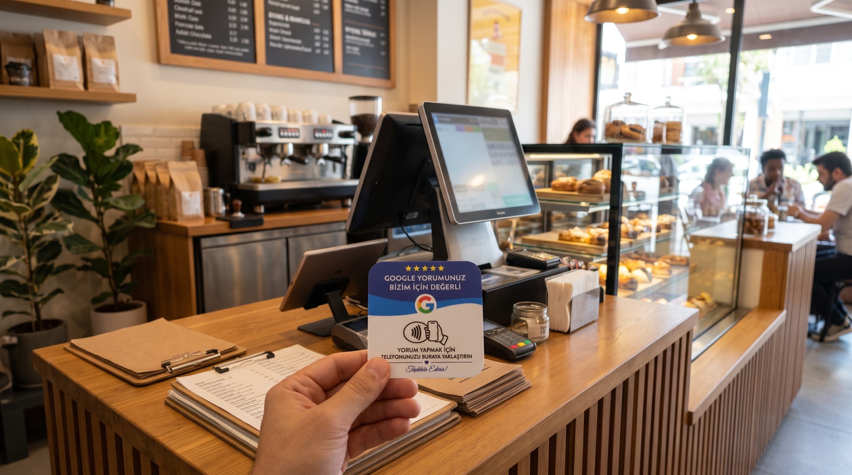Google Review Kartı kafede elde kullanımda
