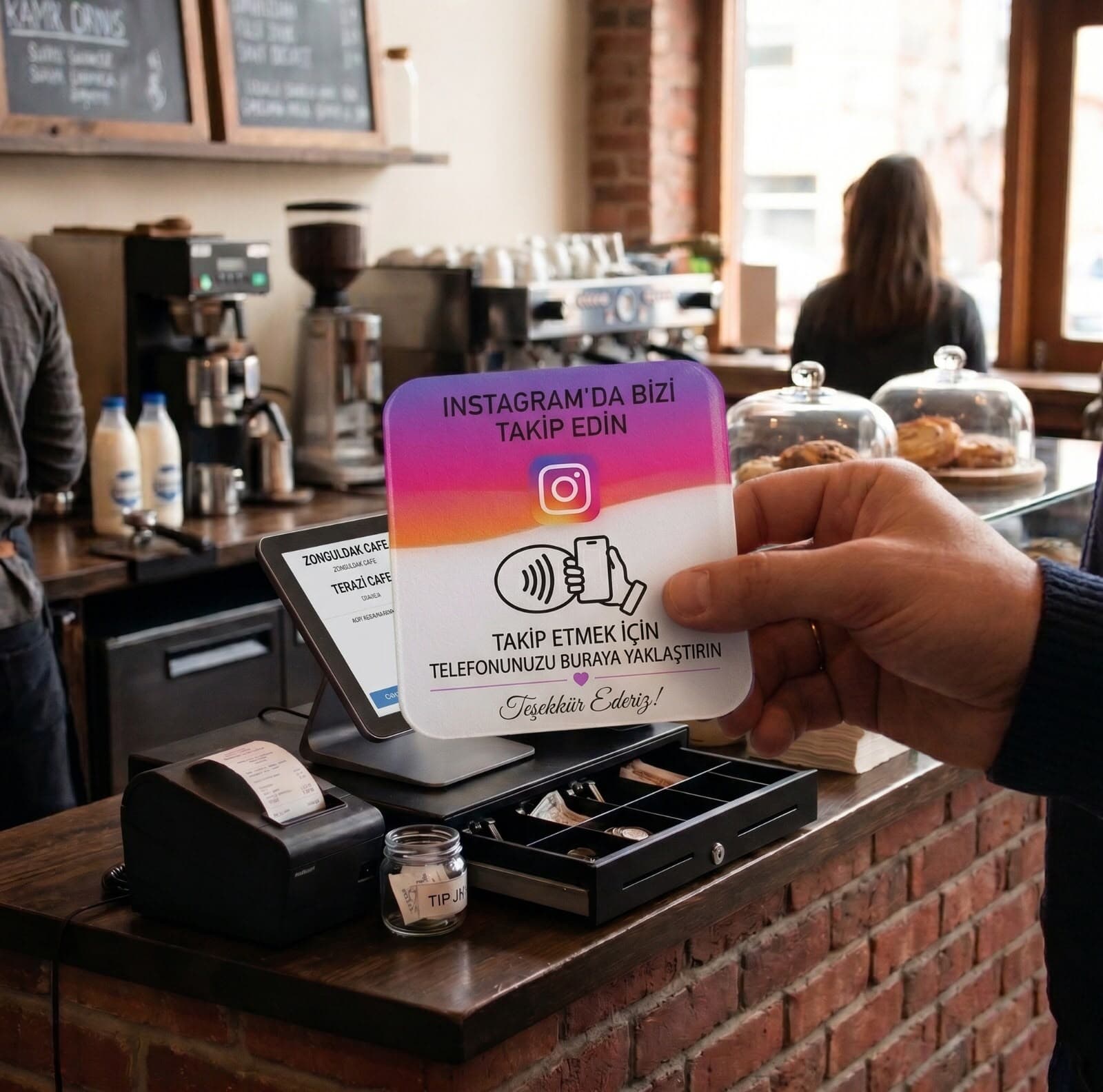 Instagram NFC Kartı kafede elde kullanımda